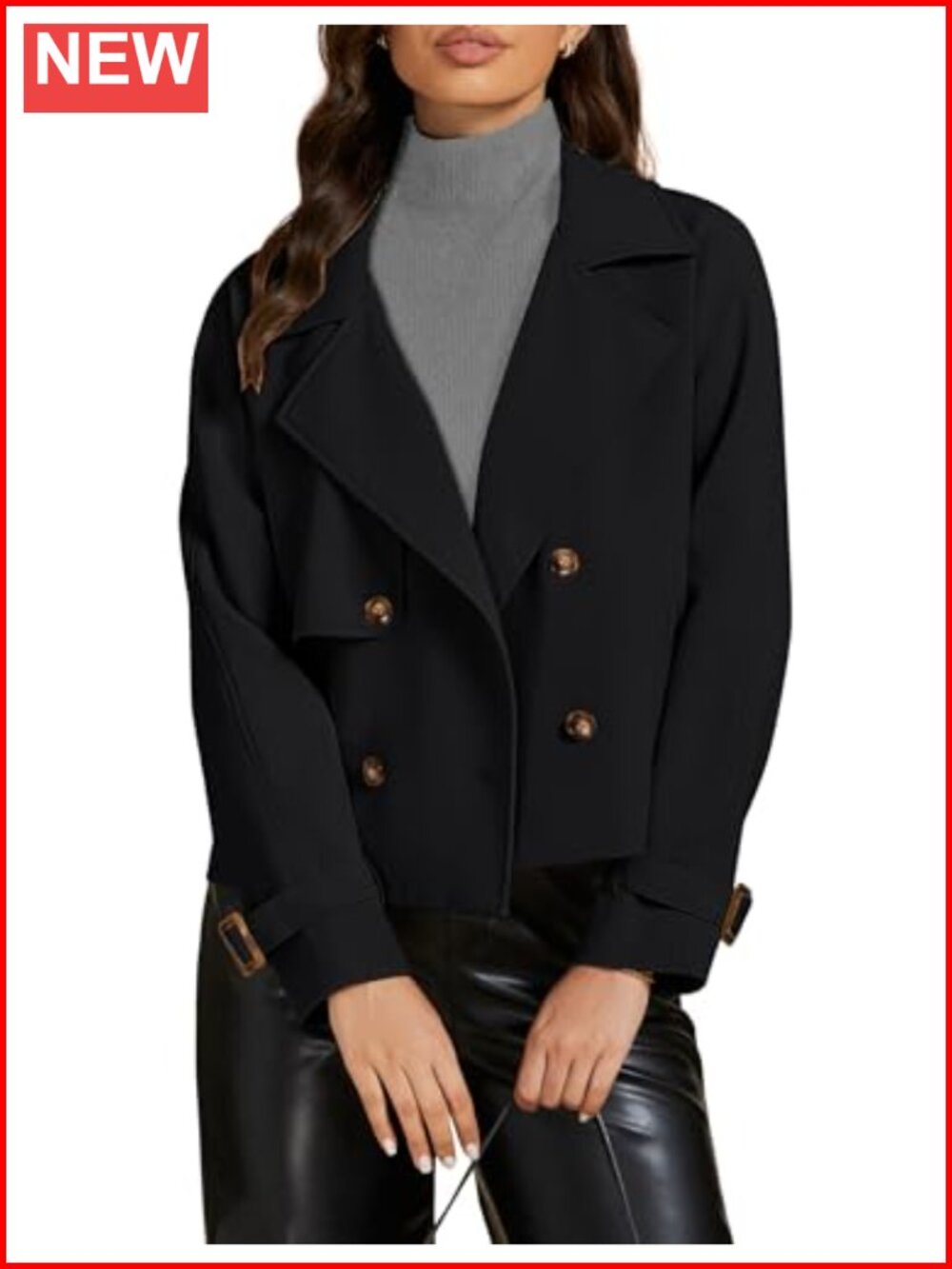 Cropped Trench Coat Long Sleeve Double Breasted Notched Lapel Loose Fit